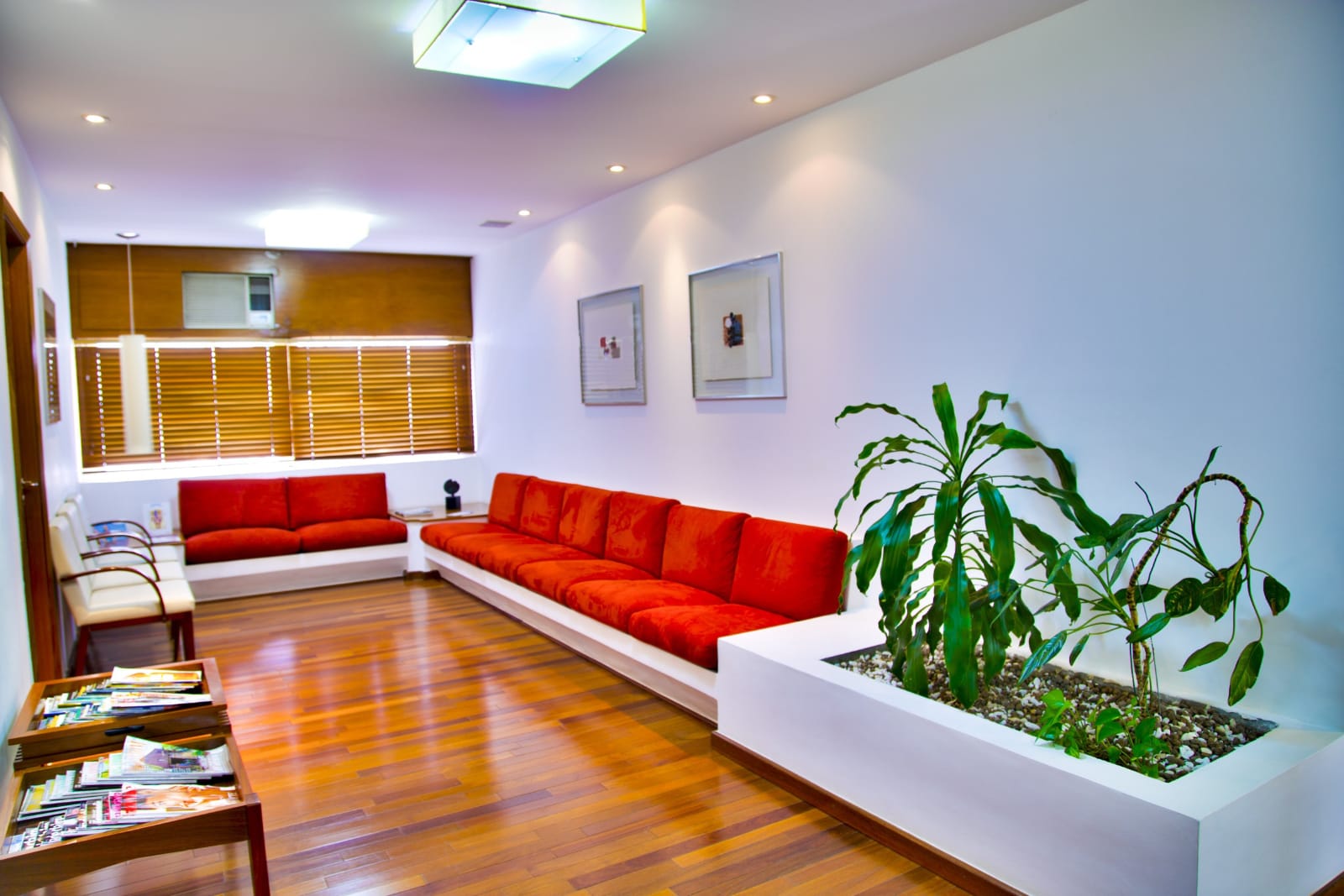 Living room with red sofa